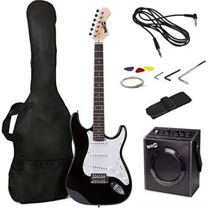 RockJam Elektrische gitaarset in volledige grootte met 10 watt gitaarversterker, gitaaronderwijs, riem, concerttas, selectie, lood- en reservesnaren in zwart, 1