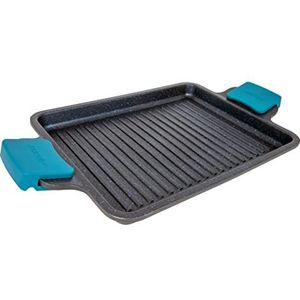 Arcos Serie Thera Grillpan, anti-aanbakpan, grillpan, gegoten aluminium, geschikt voor elke keuken, ergonomische handgreep van kunststof en siliconen, vaatwasmachinebestendig, zwart en blauw (34 x 26 cm)