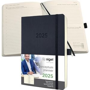 SIGEL Conceptum C2520 Agenda journalier 2025, format A5, noir, couverture souple, 400 pages, élastique, passant pour stylo, pochette d'archive, certifié PEFC, Conceptum