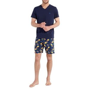 Hom Pyjama Court Lucky Pajama Set Homme, Haut Uni Marine, Bas Imprimé Floral Bleu/Marine, XL