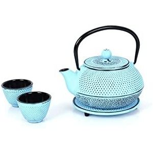 Echtwerk Theepot van gietijzer 0,8 l met uitneembare zeef, theepot met onderzetter en 2 theekopjes, vintage theepot voor het bereiden van losse thee lichtblauw