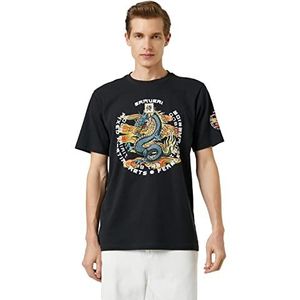 Koton Far East Printed Crew Neck T-shirt à manches courtes pour homme, Noir (999)., S