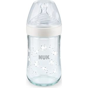 NUK Nature Sense Drinkfles van glas met temperatuurregeling en siliconen fopspeen voor baby's, maat M, 240 ml, BPA-vrij, wit