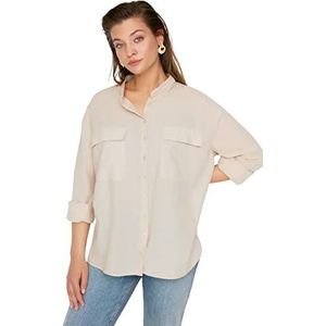 TRENDYOL T-shirt pour femme - Coupe droite - Col de chemise - Tissu tissé - Grande taille, beige, 44 Plus