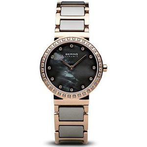 BERING Dames analoog kwarts keramische collectie horloge met armband van roestvrij staal/keramiek en saffierglas 10725-769, Roségoud/grijs, Roségoud/grijs