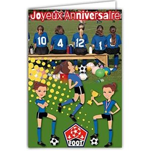 Afie 67-1240 verjaardagskaart met envelop voor kleine meisjes, jongeren, sportballers, voetbal, speelgoed, rond, match, team, blauw, wit, rood, gemaakt in Frankrijk