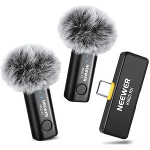 NEEWER Lavalier draadloze microfoonset voor USB C, omnidirectionele condensatormicrofoon, compatibel met iPhone 15, Samsung en Android-telefoons, mini-microfoon om vast te klikken met