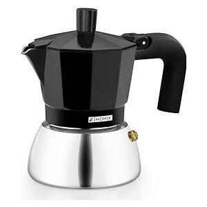 Monix Inductie Inox Italiaans koffiezetapparaat van aluminium en roestvrij staal, 3 kopjes, hittebestendige handgreep, gemakkelijk te wassen, voor elk type kookplaat, inclusief inductie, kleur zwart