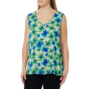 KAFFE Women's Tank Top V-Neck Sleeveless Relaxed Fit Printed Below Hip Length Femme, Green And Blue Digital Flower, 44