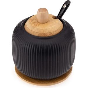 GALICJA OSBORN Keramische suikerpot met lepel en deksel van bamboe - zwarte suikerpot - robuuste en ruime keramische suikerpot met deksel en lepel - keukenaccessoires - 9,8 x 9,8 x 11,8 cm