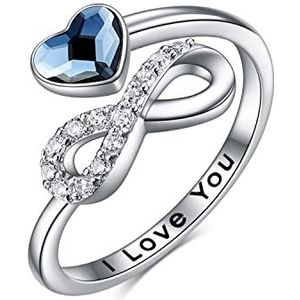 Toupop Eindeloze ringen voor dames, 925 sterling zilver, I love you, ring met kristal, witgoud verguld, verstelbaar, sieraden cadeau, Sterling zilver, Kristal