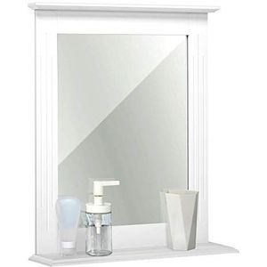 Meerveil Badspiegel, wandspiegel, badkamerspiegel met rek, 46 x 12 x 55 cm, MDF, wit, voor badkamer, hal, veranda