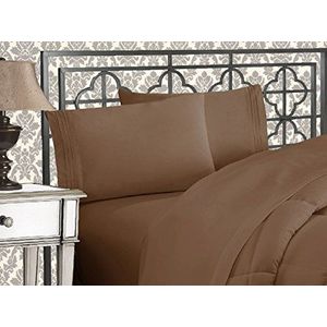 Elegant Comfort Zachte 4-delige beddengoedset van microvezel in hotelkwaliteit 1500 met borduurwerk in drie lijnen, kreuk- en lichtbestendig, voor kingsize bed, taupe