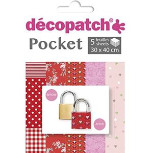 Décopatch DP028C – een zak met 5 vellen deco-papier, bedrukt papier, 30 x 40 cm, motief asorta, rood en roze.