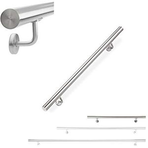 Relaxdays Leuning roestvrij staal 304 mat trapleuning rond voor binnen en buiten 100 cm Ø 42 mm met houder zilver 1000 mm