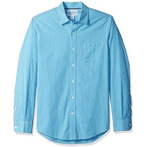 Amazon Essentials Chemise en popeline à manches longues pour hommes, coupe ajustée, vichy bleu turquoise, taille L