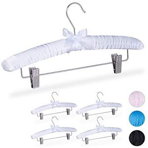 Relaxdays Set van 5 vintage satijnen gevoerde kleerhangers met verstelbare clips en draaihaken, wit, 38 cm