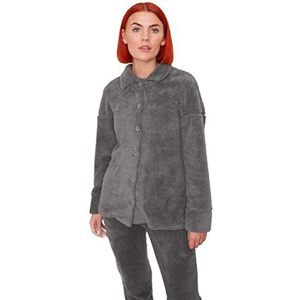 OHS Dames heren lange mouwen fleece button down voorkant lange mouwen pyjama super zachte pyjama casual nachtkleding, Warm grijs