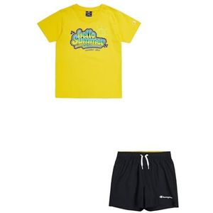 Champion Legacy Back To The Beach B-Graphic Crewneck T-shirt & WR volledige shorts voor kinderen en tieners, Geel/Navy