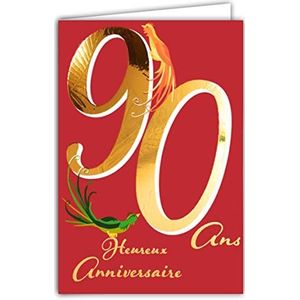 Afie 69-2490 verjaardagskaart 90 jaar in rood/goud, glanzend, gestructureerd, voor heren en dames – gekleurde tekst, geschikt voor de leeftijd binnen – inclusief envelop – gemaakt in Frankrijk – kleur Ages
