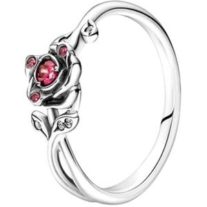 Pandora Disney Beauty and the Beast Ring in roze sterling zilver met rode en transparante zirkonia, maat 18, Sterling zilver, Zirkonia