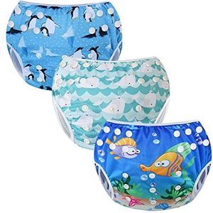 Codkkre Herbruikbare zwemluiers voor baby's, verstelbaar en wasbaar, voor zwemlessen van 0 tot 3 jaar (pinguïn + walvis + vis)