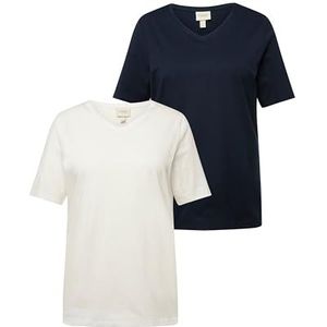 Ulla Popken Set van 2 T-shirts met V-hals, halve mouwen, biologisch katoen, T-shirts voor dames, Marinier