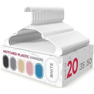 Sharpty 20 stuks witte kunststof kleerhangers, perfect voor standaard dagelijks gebruik, kledinghangers