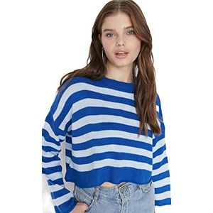 Trendyol Pull Régulier À Col Rond et Blocs de Couleurs Maillot de survêtement Femme, Bleu Marine, L