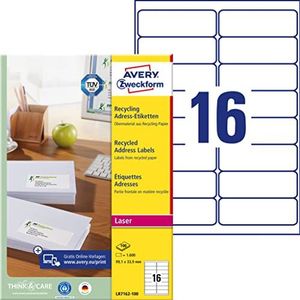 AVERY Zweckform LR7162-100 Adresstickers, 99,1 x 33,9 mm op DIN A4, gerecycled papier, bedrukbaar, zelfklevend, voor DIN lange enveloppen (natuurwit)