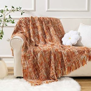 BATTILO HOME Gebreide deken in boho-stijl met franjes, zachte warme deken voor bank, stoel, slaapbank, voor lente, zomer, herfst, Halloween, 127 x 152 cm, oranje