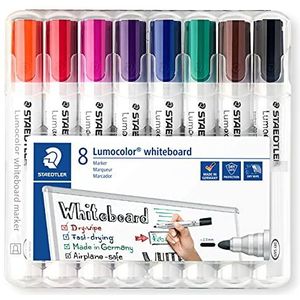 Staedtler Lumocolor 351 WP8 Whiteboard-marker ronde punt ca. 2 mm lijnbreedte, set van 8 kleuren, hoge kwaliteit, droog en zonder resten afwasbaar van whiteboards
