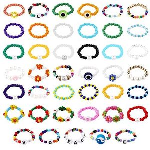 Set van 40 kleurrijke regenboogmadeliefjes rijstkralen ringen schattig handgemaakt madeliefje en boze oog patroon verstelbare elastische stapelbare ringen voor vrouwen meisjes, Metaal, Geen edelsteen