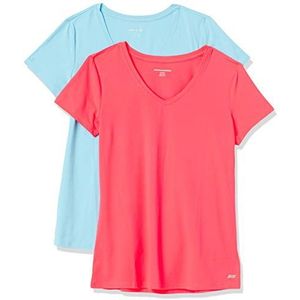 Amazon Essentials Dames Tech Stretch T-shirt met korte mouwen en V-hals (verkrijgbaar in grote maten), blauw, neonroze, maat S, 2 stuks