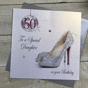 WHITE COTTON CARDS X50D verjaardagskaart voor de 50e verjaardag, handgemaakt, met pailletten bal en schoenen