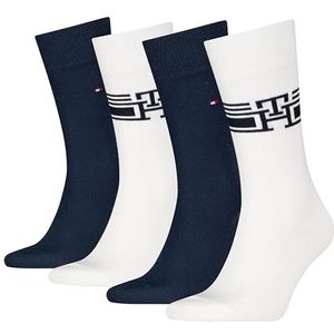 Tommy Hilfiger Monogram Stripe Classic sokken voor heren (4 stuks), Wit/Navy Blauw, 43-46