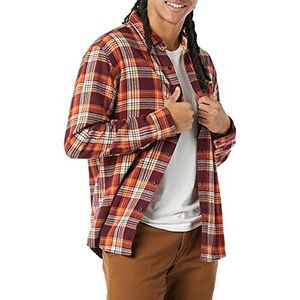 Amazon Essentials Flanellen overhemd voor heren met lange mouwen (verkrijgbaar in grote maat), Schotse stof, bordeauxrood, oranje, XS