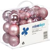 Relaxdays Kerstballen, 50 stuks, pailletten, mat, glanzend, dennendecoratie, kunststof, D: 3, 4 en 6 cm, roze