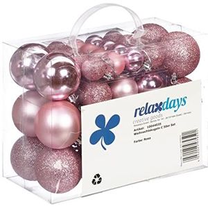 Relaxdays Kerstballen, 50 stuks, pailletten, mat, glanzend, dennendecoratie, kunststof, D: 3, 4 en 6 cm, roze