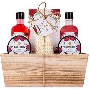 accentra Cadeauset ROSE in houten mand, bad-, SPA en doucheset, rozengeur, 7-delige cadeauset in decoratieve mand van hout, beste cadeau voor verjaardag, Valentijnsdag,rood