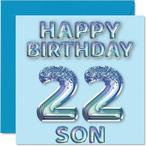 Verjaardagskaart voor zoon 22 jaar, blauwe glitterballonnen, verjaardagskaarten voor 22-jarige zoon van mama en papa, 145 mm x 145 mm