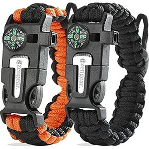 Paracord survivalarmbanden (2 stuks) vuursteen en staal, pijp, kompas, verstelbare lengte voor kamperen, overleven in de natuur, noodset