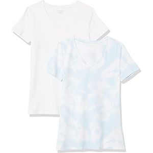 Amazon Essentials Set van 2 T-shirts met korte mouwen en V-hals voor dames, klassieke pasvorm, wit/tie-dye, maat XL
