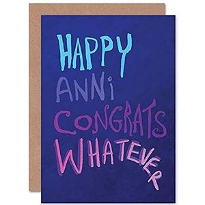 Grappige wenskaart met envelop en opschrift ""Happy Birthday Anniversary Congratulations Whatever"", violet