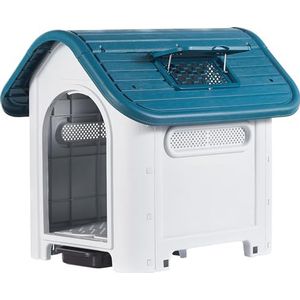 Lanco - Hondenhok voor kleine honden met verstelbaar zonnedak en toilet (WC), gebruik binnen en buiten met ventilatieopeningen, duurzaam materiaal, 76,2 x 58,4 x 66 cm (l x b x h), blauw en wit.