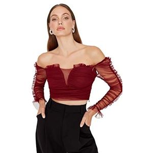 Trendyol Damesblouse, schoudervrij, dun, geweven, bordeaux, 62, Bordeaux