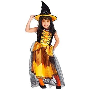 Rubies Chique oranje heksenkostuum voor meisjes, luxe oranje jurk met hoed, originele Rubies voor Halloween, carnaval en verjaardag