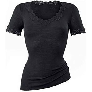 Calida Dames Richesse Lace onderhemd van scheerwol en zijde met bloemenkant op de hals, zwart.