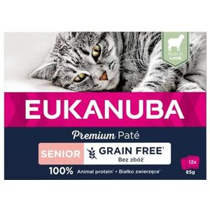 EUKANUBA Graan Free for Senior Cat - Premium graanvrij - glutenvrij - vetarm - rijk aan lam en verrijkt met Taurine - 12 aluminium schalen van 85 g