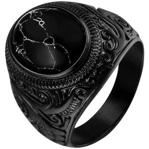 JewelryWe Roestvrijstalen ring voor heren: klassieke vintage zegelring met zwarte kunstmatige onyx, gothic, punk, biker, tijgeroog, valentijnsdag, Vaderdag, één